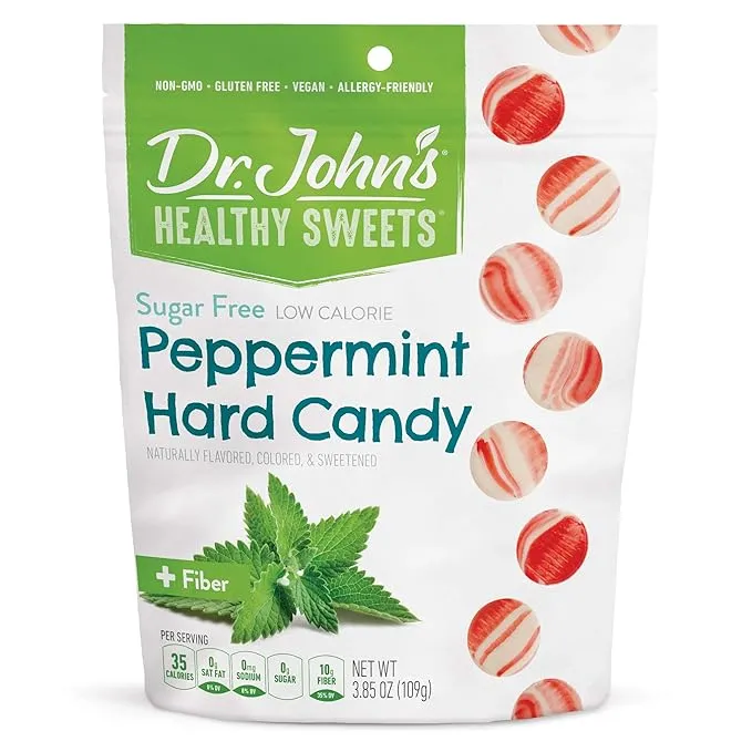 Dr. John’s Sugar Free Candy, Healthy Hard Candy with Zero Sugar, Low Calorie Snacks, Keto Friendly, Vegan, Gluten Free, Peppermint, 24 Count, 3.85 OZ