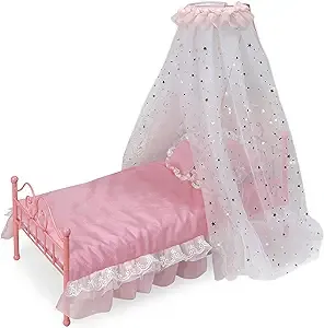 Badger Basket Starlights LED Canopy Metal Doll Bed with Bedding for 18-Inch Dolls – Pink Design with Mesh Drapery and Decorative Pillows