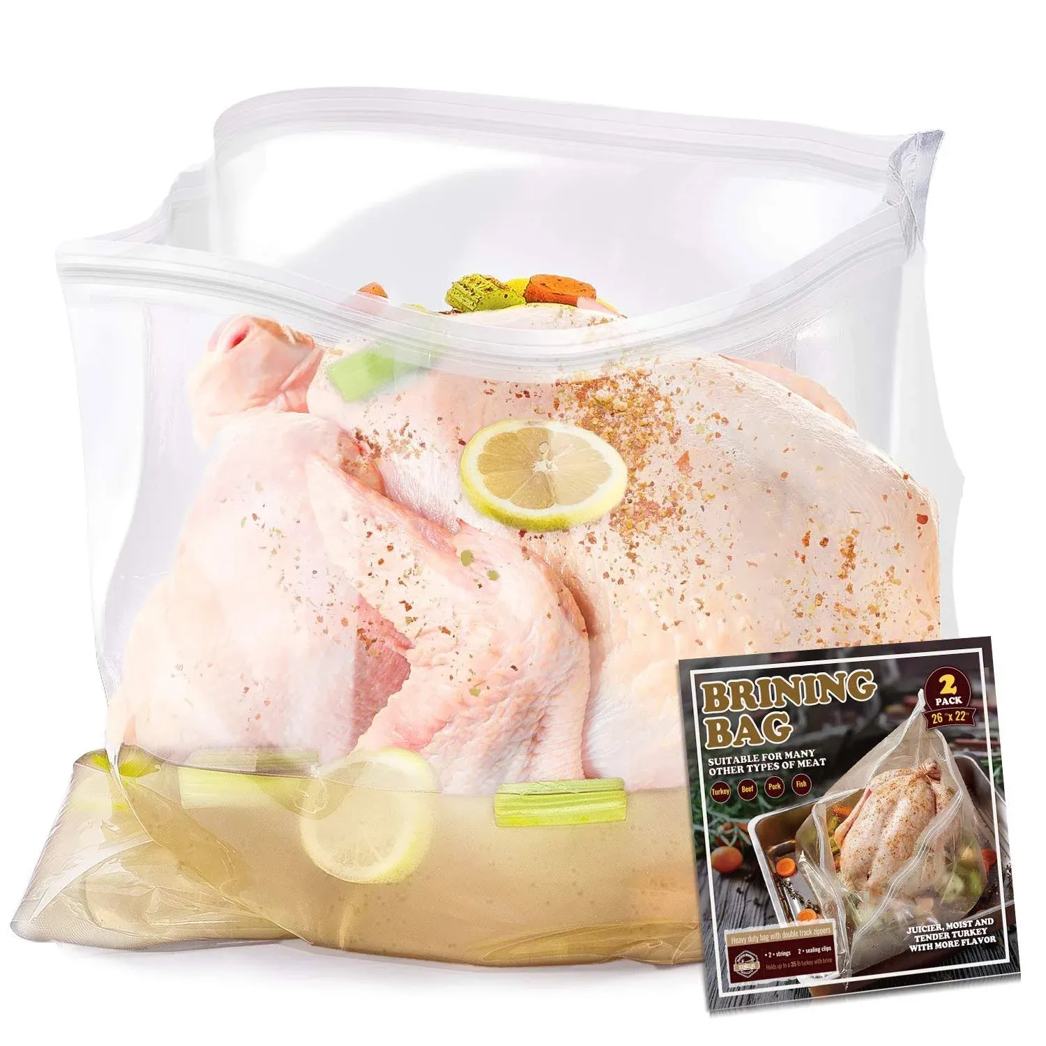 Turkey Brining Bag 2622 2 Pack Extra Large Brine Bag with 2 Strings and 2 Larger Clips Thickened Brining Bag Holds Up to 35 Pounds Double Zippers Sea