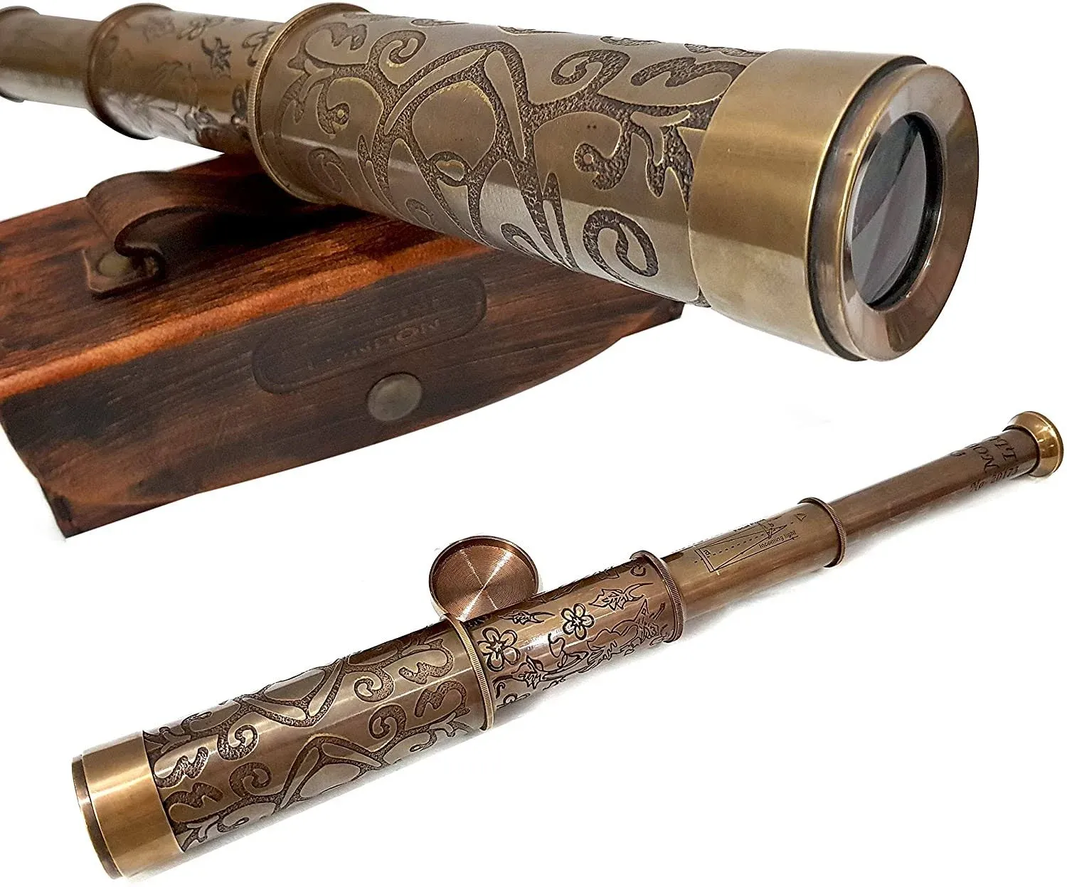 Handmade Retro Brass Handheld Telescope with Leather Box Vintage Pirate Movie Prop Designer Spyglass Telescope Home & Table Decor