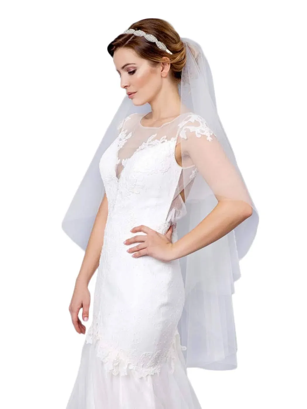 Casdre Bride Wedding Veil 2 Tier Bridal Veil Fingertip Length Cut Edge Veil w...