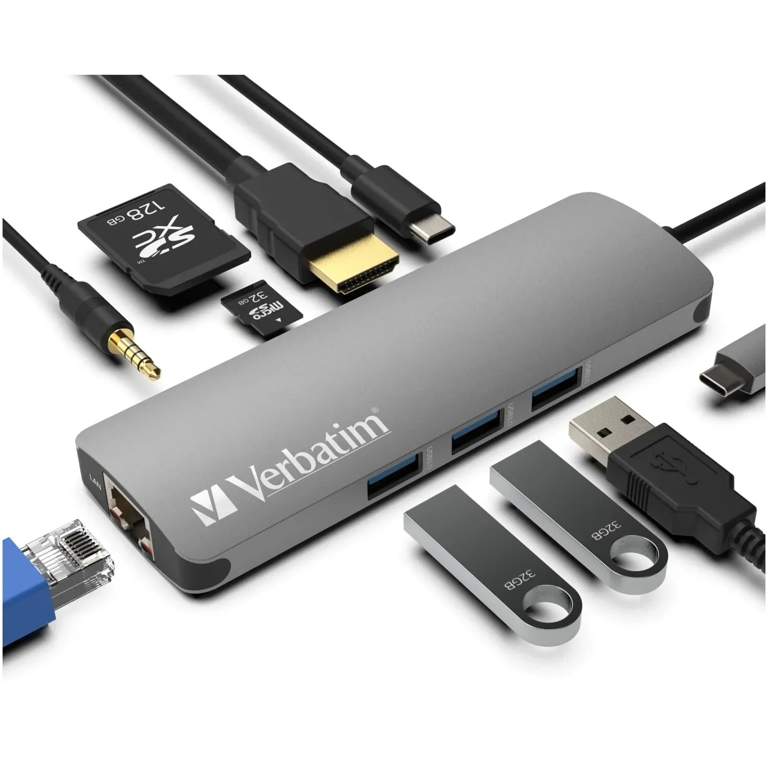 Verbatim 9-in-1 USB C Hub Adapter - 100W Power Delivery, USB 3.0, SD Card Readers, Gigabit LAN, 3.