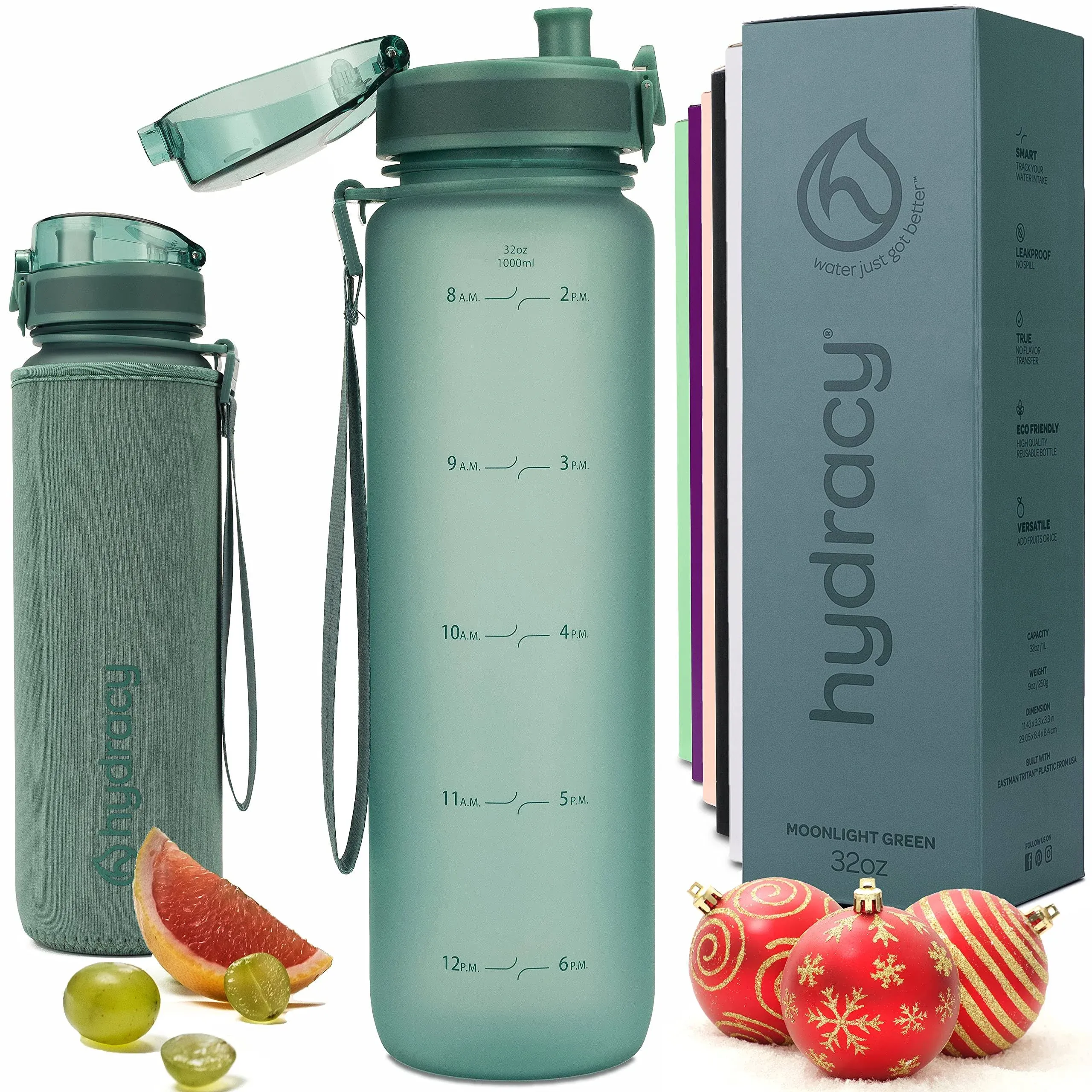 Hydracy Large 32oz BPA Free Water Bottle with Time Marker & No Sweat Sleeve -Leak Proof Gym Bottle with Fruit Infuser Strainer & Times to Drink -Ideal Gift for Fitness Sports & Outdoors