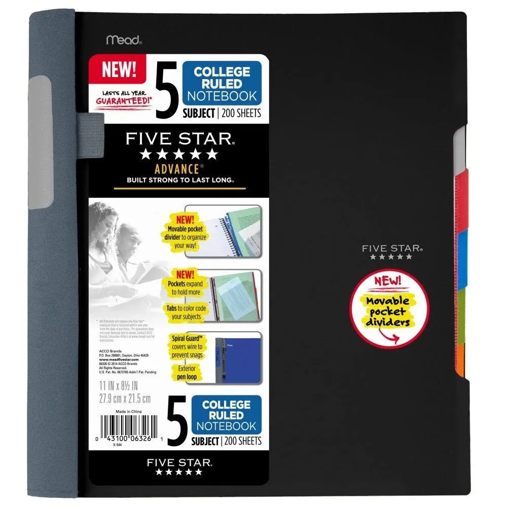 Five Star Advance Spiral Notebook, 5-Subject, College Ruled Paper,11" x 8-1/2", 