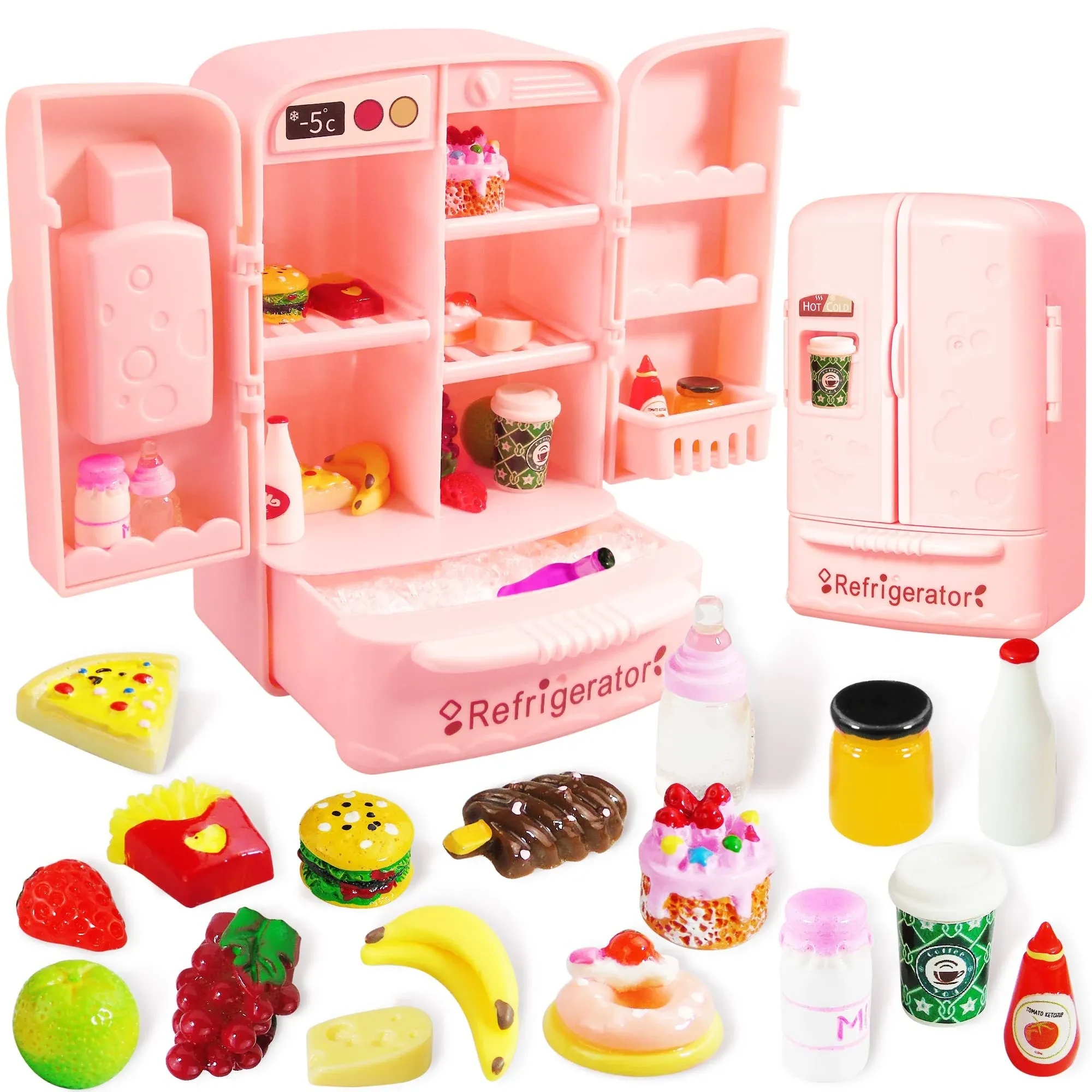 Mini Dollhouse Fridge Miniature Dollhouse Refrigerator Mini Fridge Toy with Food Mini Toy Refrigerator with Ice Cubes Kids Play Kitchen Furniture Toy Set