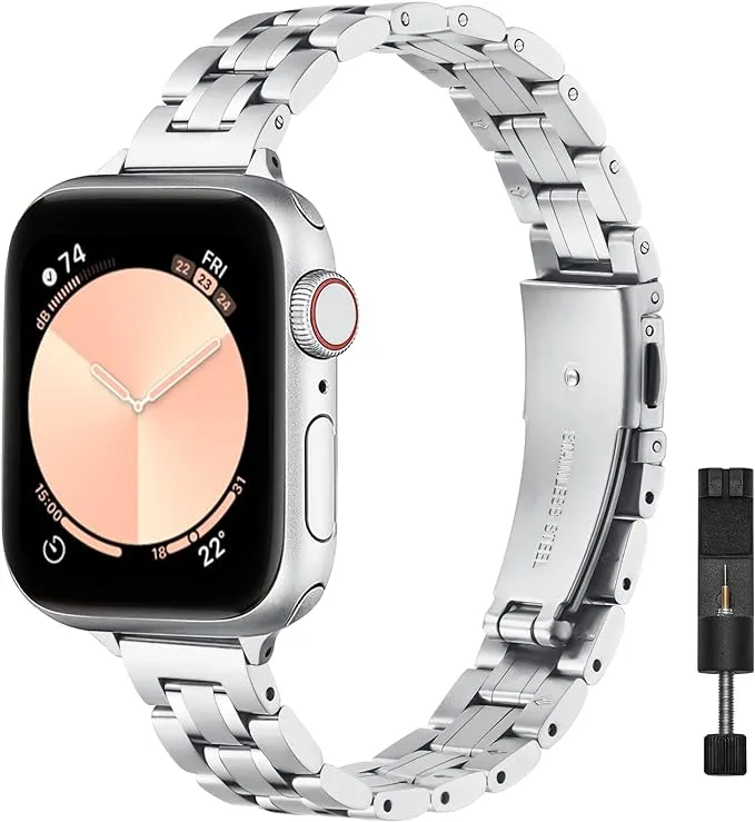 STIROLL Thin Replacement Band for Apple Watch 5 Bead Stainless Steel Silver