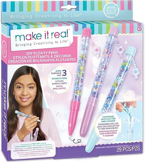 Make It Real DIY Floaty Pens Kit - Create 3 Sparkly, Customizable Pens with Glitter & Charms - Fun Craft for Tweens, Girls & Kids Ages 8+ -Mess-Free Creative Activity Great Gift for Artistic Kids