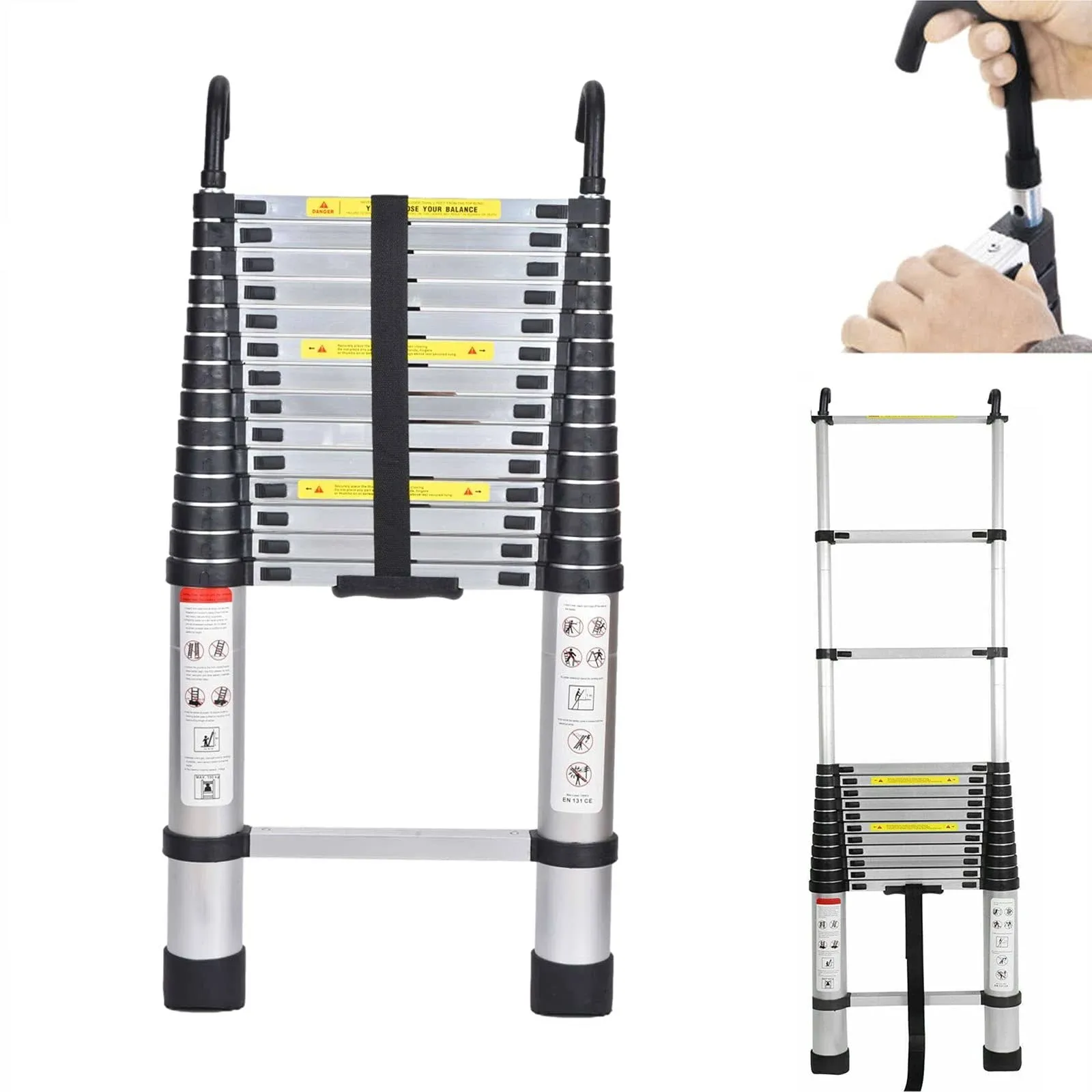 Extension Ladder 14.4 FT Telescoping Ladder with 2 Detachable Hooks &amp; Rubber Fee