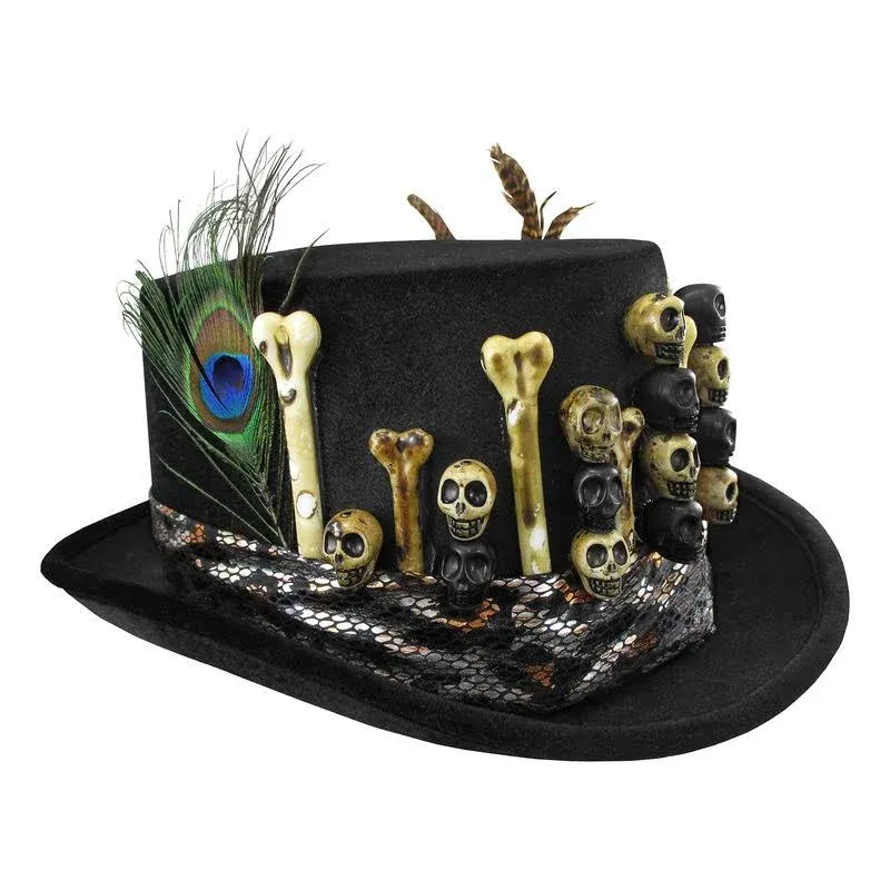 Nicky Bigs Novelties Deluxe Adult Black Voodoo Top Hat With Skulls Bones Feathers Gothic Witch Doctor Costume Headpiece