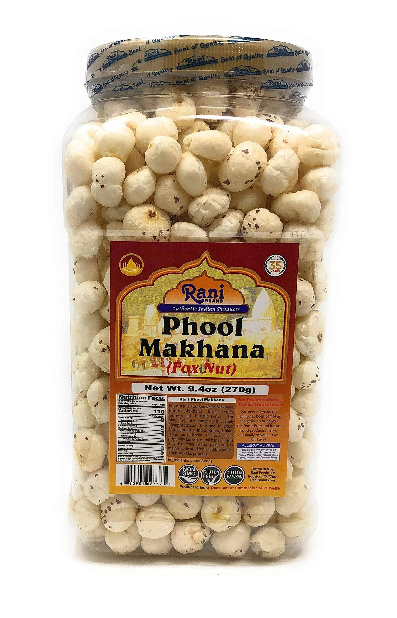 Rani Jumbo Phool Makhana (Fox Nut/Popped Lotus Seed) Plain Raw Uncooked 9.4oz (270g) PET Jar ~ All Natural | Vegan | No Colors | Gluten Friendly | NON-GMO | Indian Origin