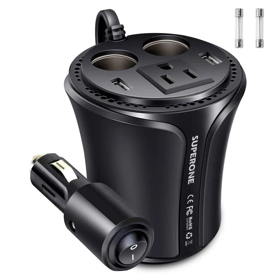 SUPERONE 150W Car Power Inverter DC 12V to 110V 120V Car AC Adapter Inverter 【5-in-1 Cup Holder Design】 Dual USB Car Charger and 2 Car Power Adapter