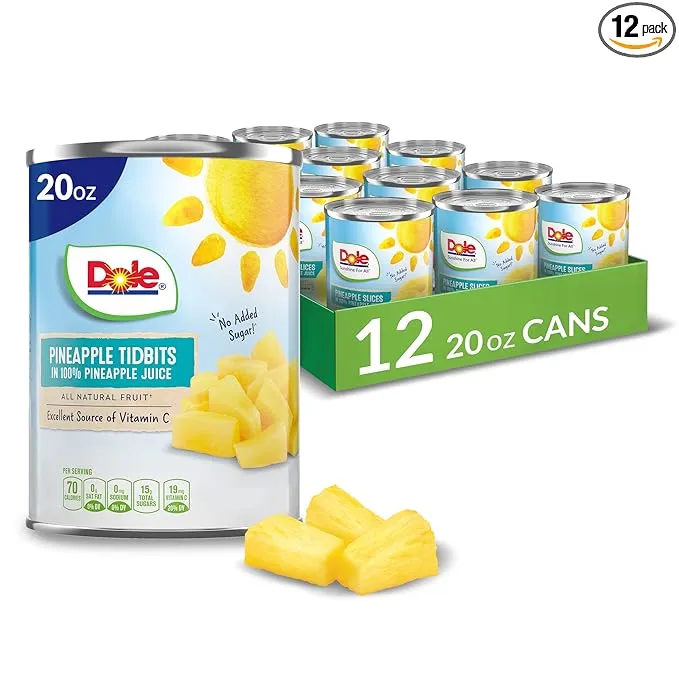 Dole Canned Fruit, Pineapple Tidbits in 100% Pineapple Juice, Gluten Free, Pantry Staples, 20 Oz, 12 Count, Packaging May Vary