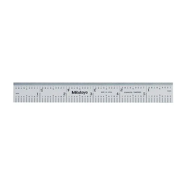 Mitutoyo 182-107, Steel Rule, 6&quot;/150mm ( 1/10, 1/100&quot;, 1mm, 0.5mm), 3/64&quot; Thick X 3/4&quot; Wide, Satin Chrome Finish Tempered Stainless Steel