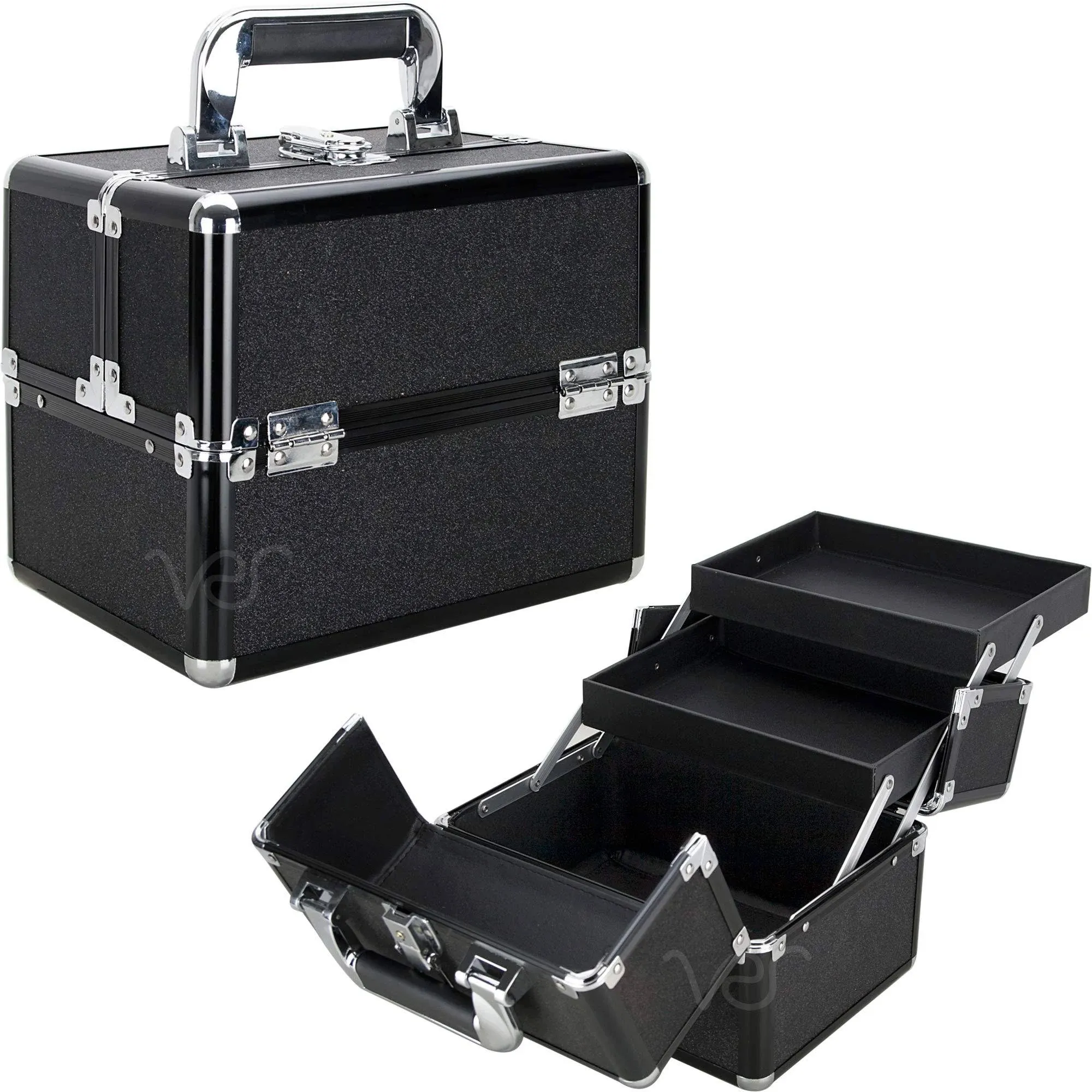 Ver Beauty 2-tiers Extendable Trays Cosmetic Makeup Train Case Organizer Travel - VK002, Black Glitter,VK002-51