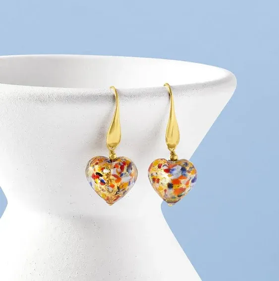 Ross-Simons Italian Red and Pink Murano Glass Heart Drop Earrings in 18kt Gold Over Sterling