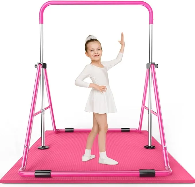 Safly Fun Expandable Gymnastics Bar for Kids - Height Adjustable Junior Training Bar for Home, Folding Gymnastic Horizontal Bars Equipment