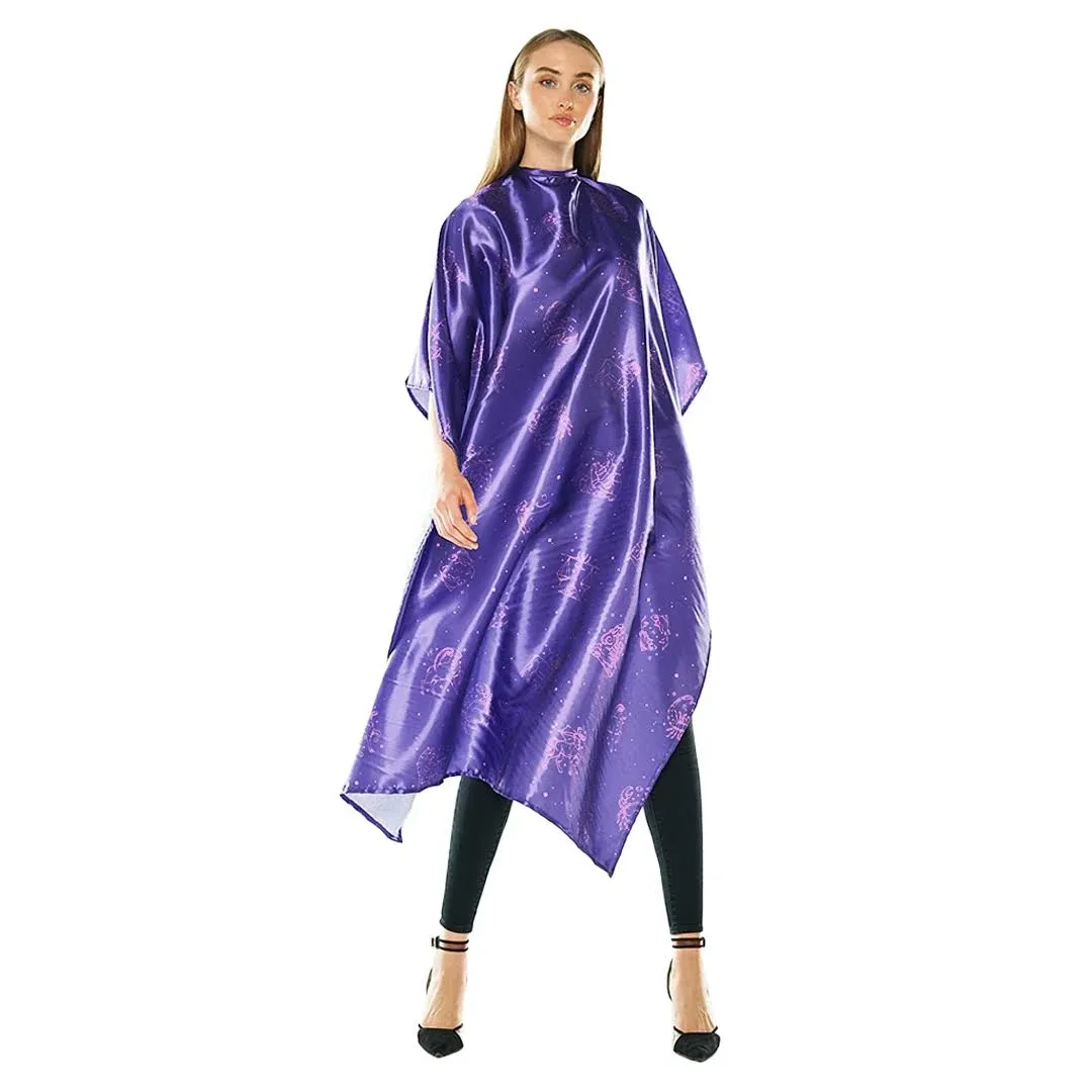 Betty Dain Zodiac Styling Cape, 45" W x 65" L, Lightweight Polyester, Water Resistant, Adjustable Snap Closure, Purple Color, Zodiac Signs Pattern Design