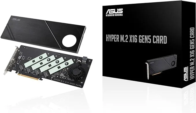 ASUS Hyper M.2 x16 Gen5 Karte (PCIe 5.0/4.0) unterstützt vier NVMe M.2 (2242/2260/2280/22110) Geräte mit bis zu 512 Gbit/s für AMD- und Intel®-Plattform-RAID-Funktionen.