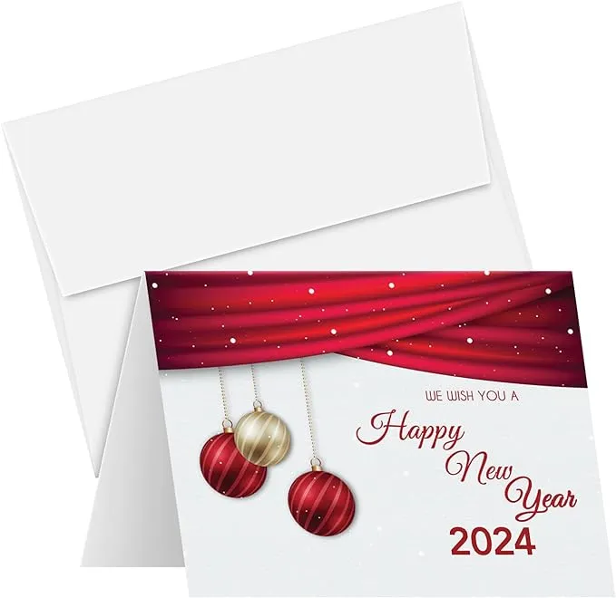 2025 Happy New Year Cards and Envelopes | Elegant Red Christmas, Xmas, Happy Holidays, New Year's Eve Greeting Cards Set – 25 Half Fold Cards and 25 A2 Envelopes – 4.25 x 5.5 inches (A2 Size)