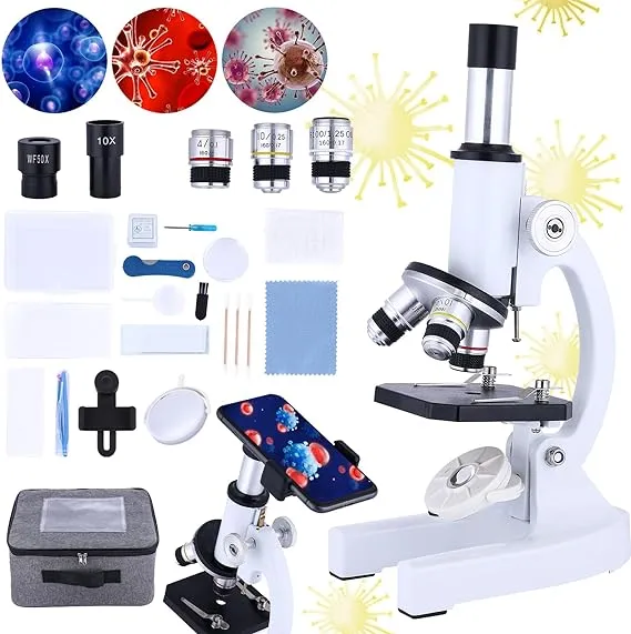 Microscope for Kids，40X-2000X Compound Microscope Mobile Phone Adapter with Microscope Slide Microscope kit for Home School Laboratories for Children Students