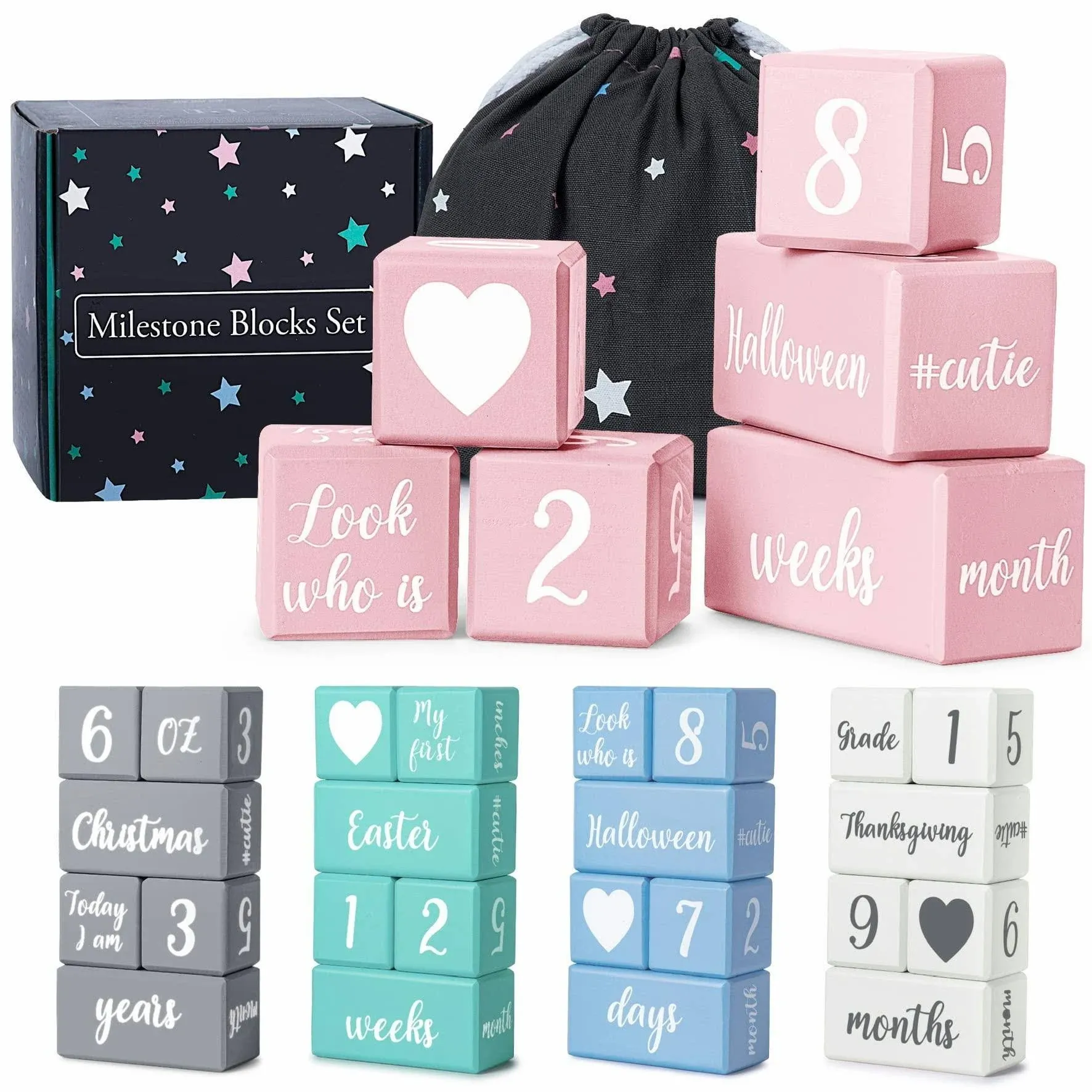 Pink Baby Monthly Milestone Blocks with Bag. Baby Age Blocks for Girl or Boy Baby Photo Props and Baby Shower. Month Baby Milestone Blocks with Grammatically Correct Month and Year