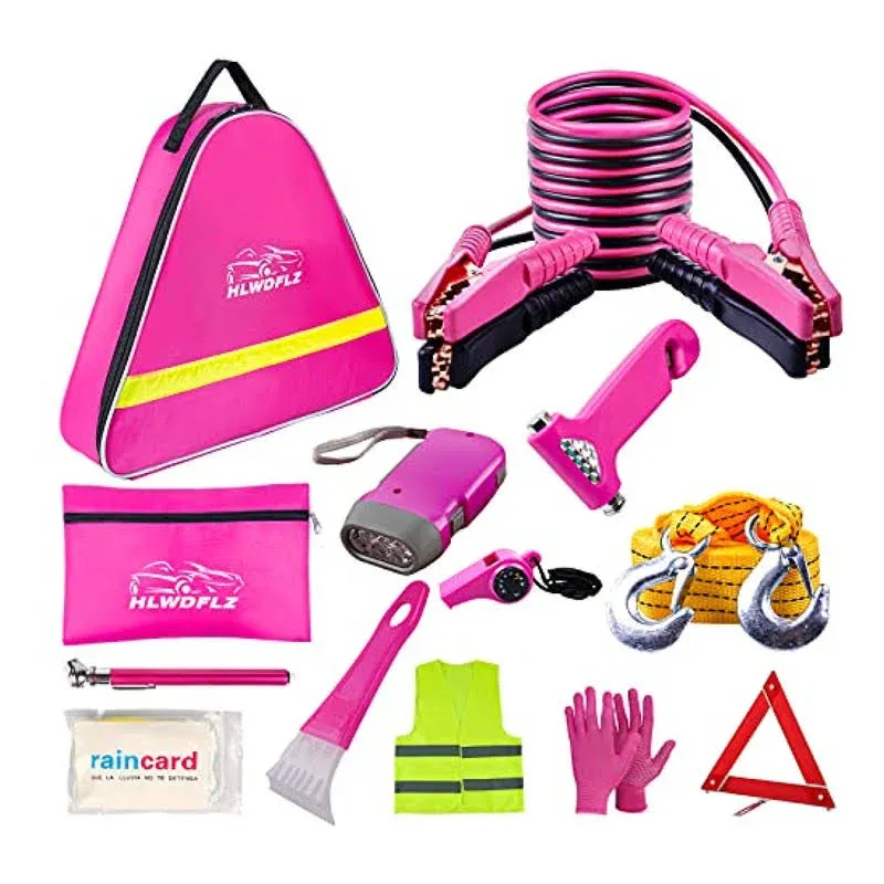 HLWDFLZ Car Roadside Emergency Kit - Pink Roadside Assistance Emergency Kit with Jumper Cables, Reflective Warning Triangle, Deer Whistles, Winter Car