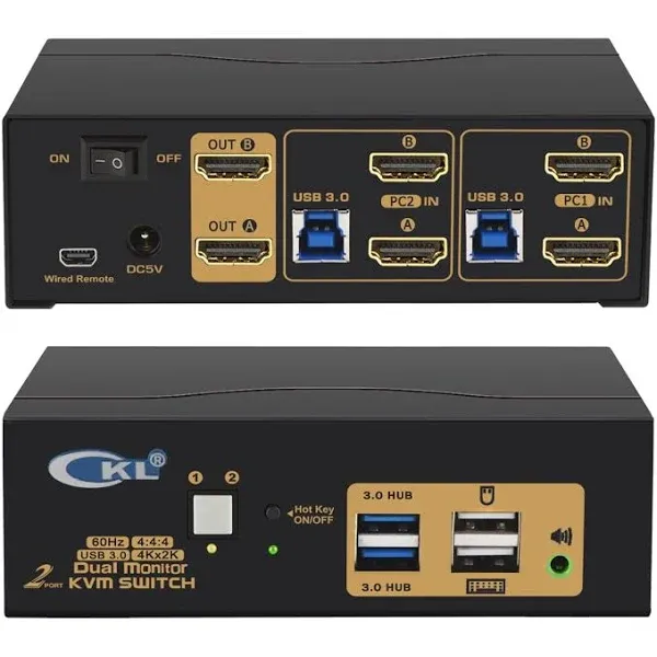 CKL 2 Port USB 3.0 HDMI KVM Switch Dual Monitor 4K 60Hz for 2 Computers Sharing 2 ...