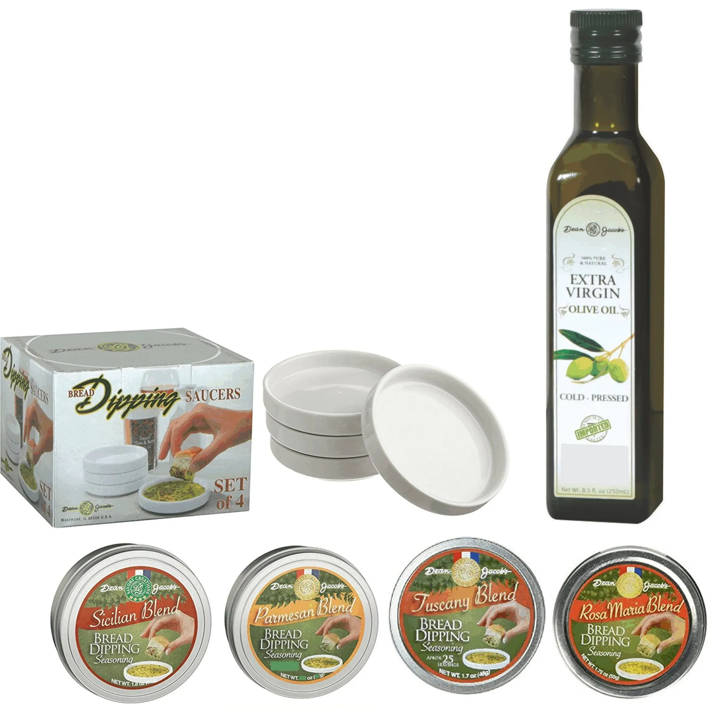 Dean Jacob's 9 pc. Collection with 4 Bread Dipping Tins, Saucers & Cold Pressed Olive Oil