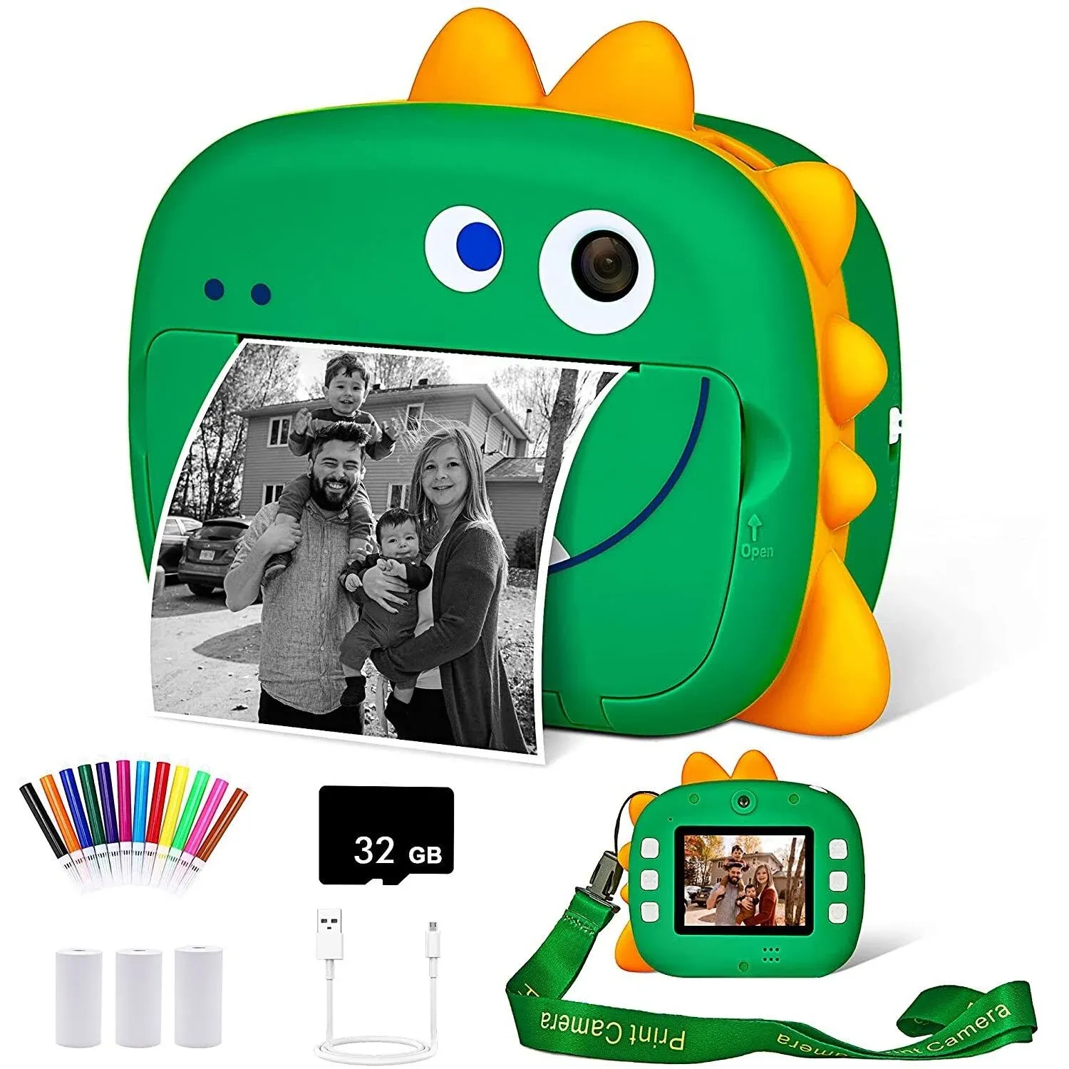 Kids Camera Instant Print,Dinosaurs Instant Print Camera for Kids,Birthday Gifts for Boys,2.4-Inch/1080P with 32GB Card,Christams Birthday Gifts for Girls Boys Age 3-12