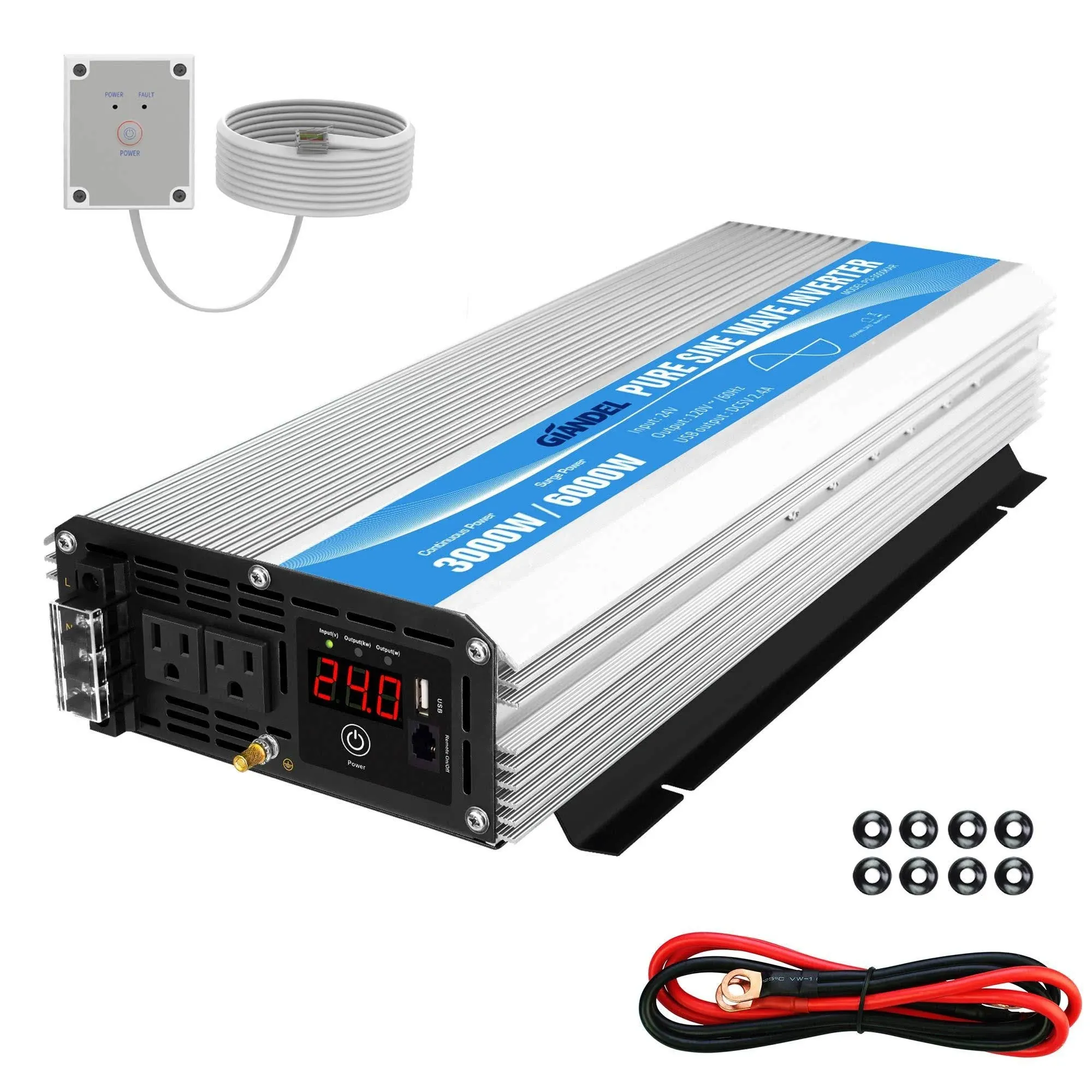 24V 3000Watt Power Inverter Pure Sine Wave 24V Inverter ETL Ul458 Listed converts 24V to Ac 110/120v with 40 Amps Hardwire Blocks with 30ft Wired