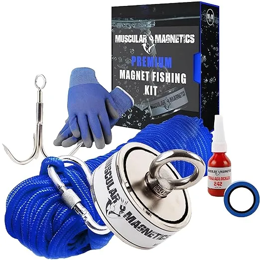 1325lb Double Sided Fishing Magnet Bundle Pack - Includes 6mm 100ft High Strength Nylon Rope with Carabiner, Non-Slip Nylon Gloves, Threadlocker, Grappling Hook & Tape (Complete Kit)