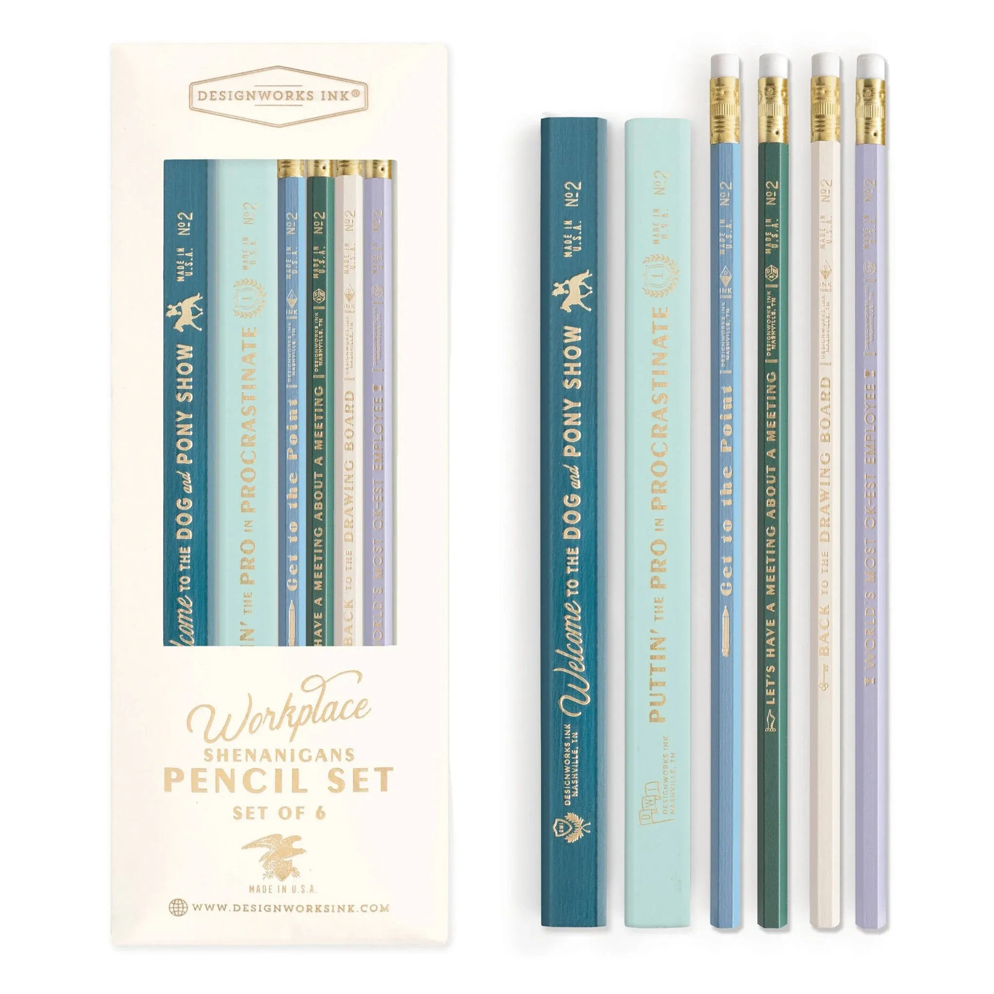 DesignWorks Ink Workplace Shenanigans Engraved Pencil Set Includes 6 Wooden Graphite Pencils with 2 Carpenter Pencils & 4 No. 2 Pencils with Erasers in a Boxed Set