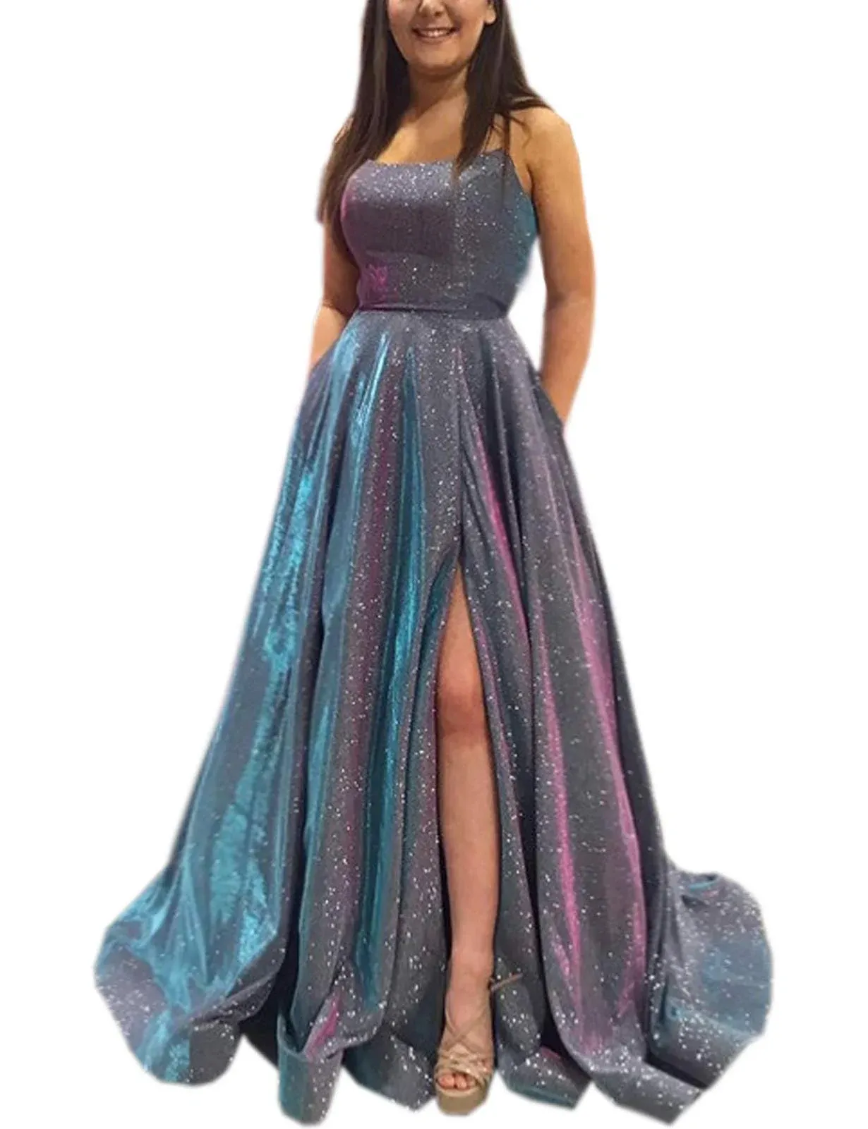 Prom Dresses Long A Line with Pockets Formal Evening Ball Gowns Side Slit Glitter Party Dress