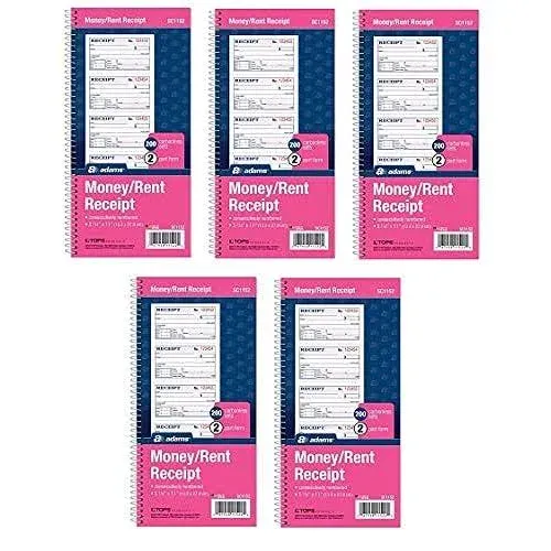 Adams Money And Rent Receipt Book, 2-Part Carbonless, 5-1/4 X 11 , Spiral Bound, 200 Sets Per Book, 4 Receipts Per Page (SC1152)