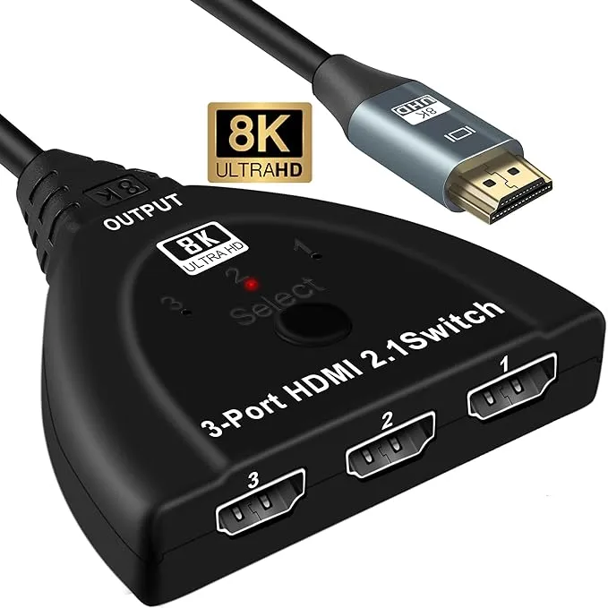 NEWCARE 8K HDMI 2.1 Switch Splitter, HDMI Switch 4K 120Hz, 3 Port HDMI Switcher Selector Box, Supports VRR 8K@60Hz, 4K@120Hz, 4K@60Hz 48Gbps for PS4/5 Roku Xbox TV Monitor Projector