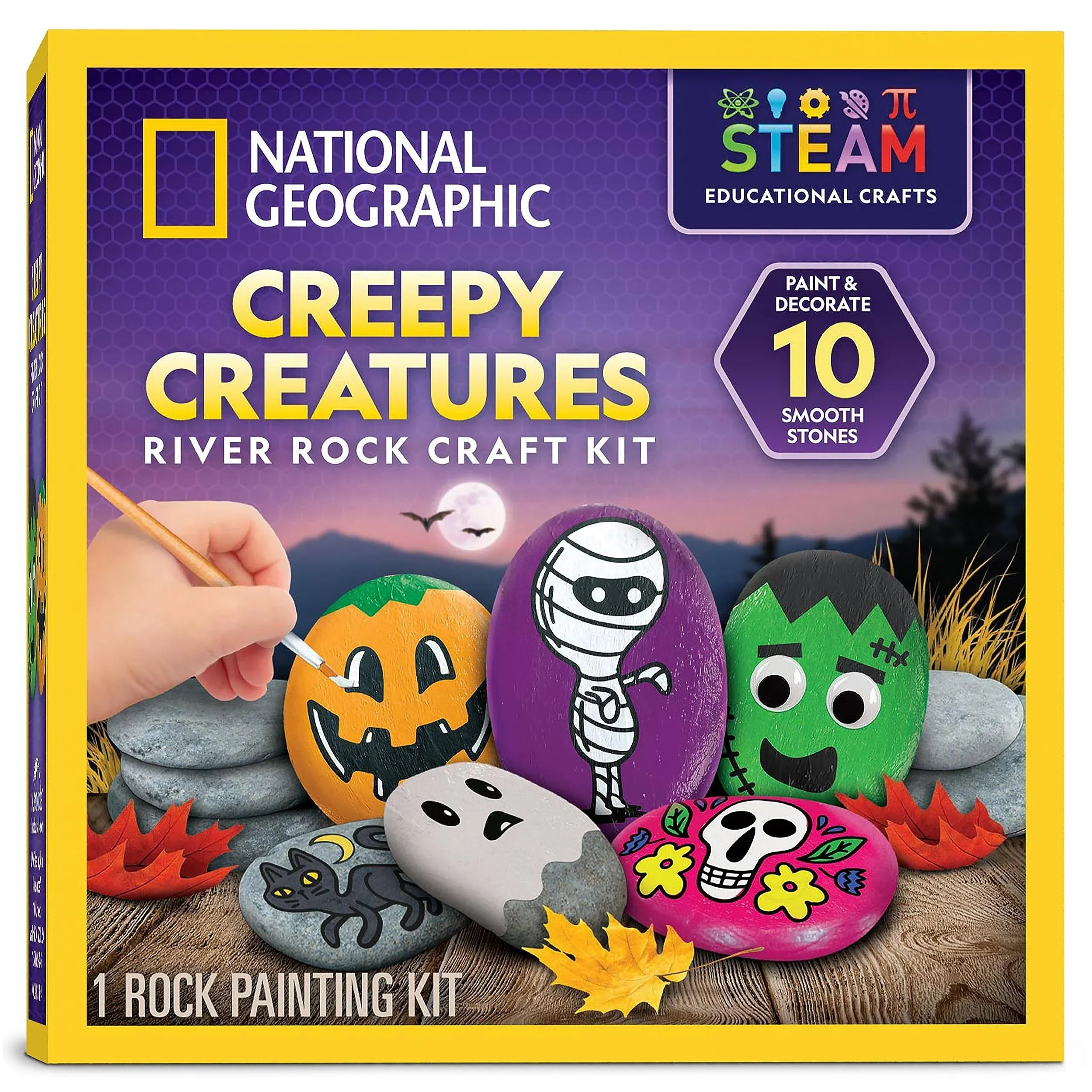 National Geographic Creepy Creatures Rock Painting Kit - Halloween Arts & Crafts Kit for Kids, Decorate 10 River Rocks with 10 Paint Colors & More Spooky Art Supplies, Halloween Kids Toys