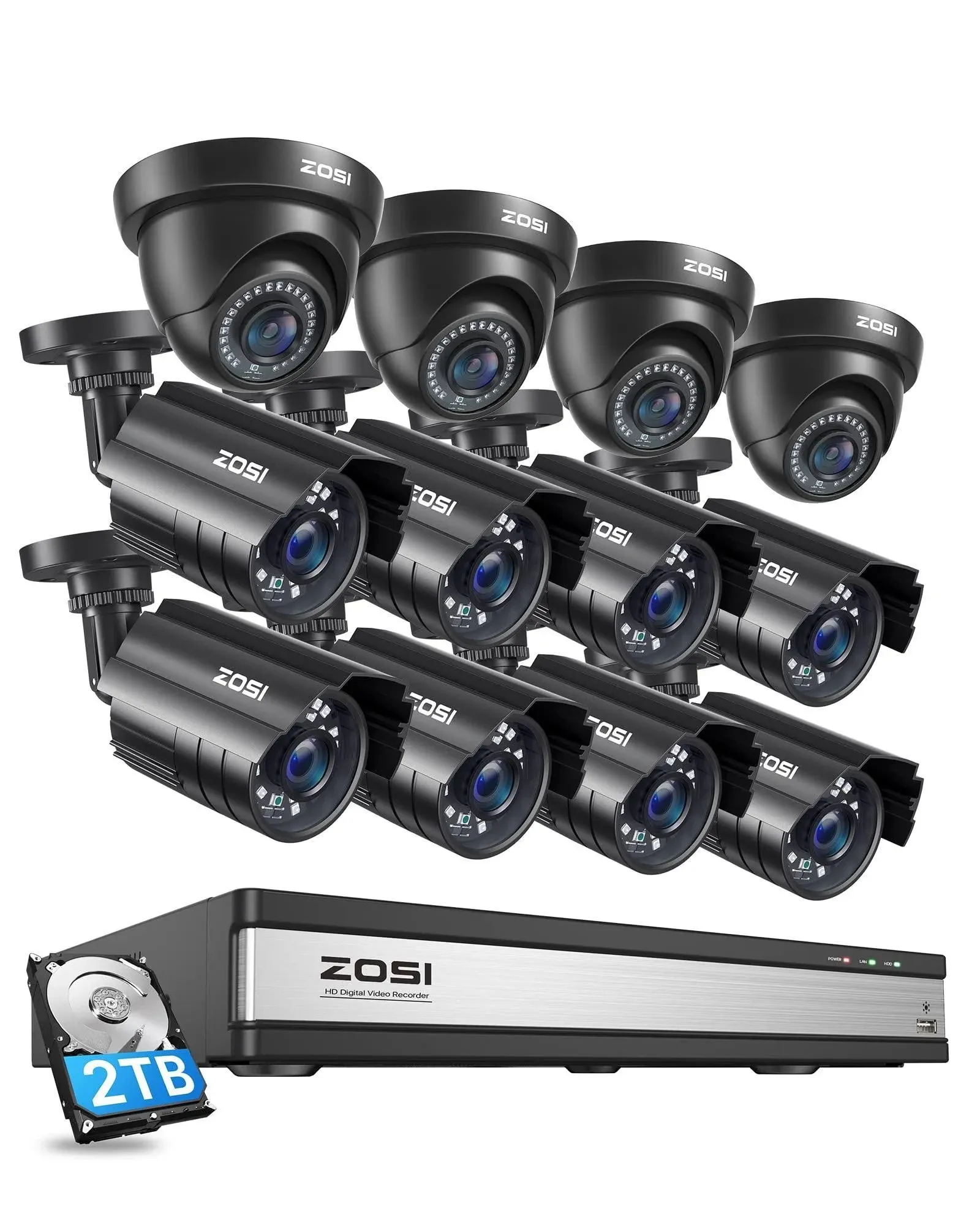 ZOSI 16CH 3K Lite Security Camera System with 2TB HDD,AI Human/Vehicle Detection,Night Vision,Remote Access,H.265+ 16 Channel 5MP Lite HD-TVI DVR with 12PCS 1080P Outdoor Indoor Surveillance Cameras