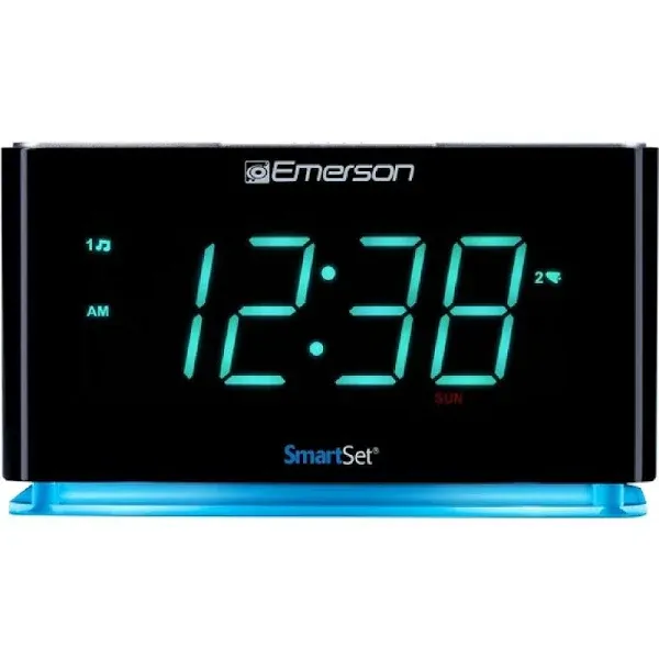 Emerson Smartset Alarm Clock Radio with Bluetooth Speaker with USB Port for iPhone/iPad/iPod/Android and Tablets, 1.4" Cyan LED Display and Night Light, ER100301