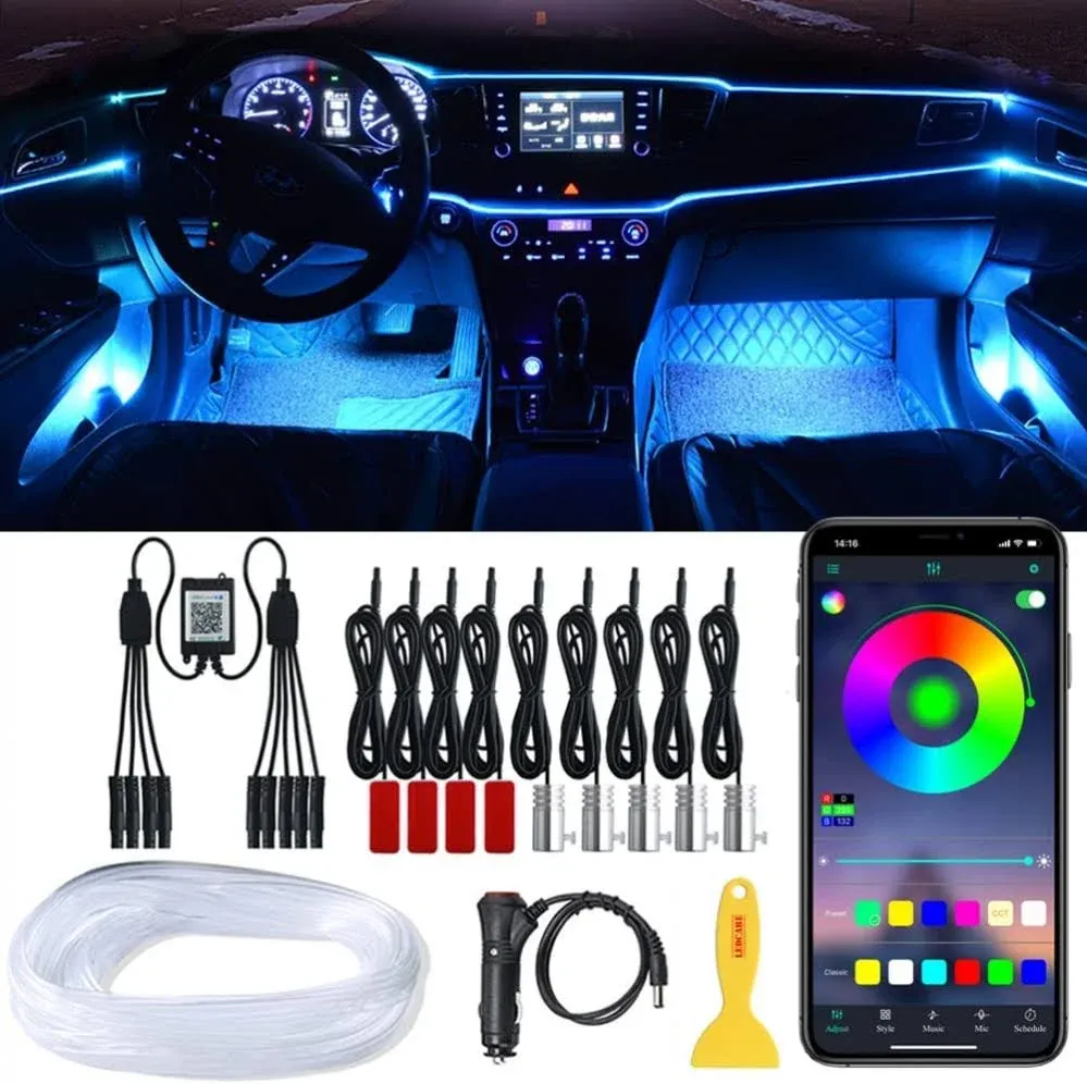 Interior Car LED Strip Lights, LEDCARE RGB 9 in 1 Car Ambient Lighting Kit with 4 Under Dash Lights & 5 Fiber Optic LED Strips, Sync to Music and Wireless Bluetooth APP Control