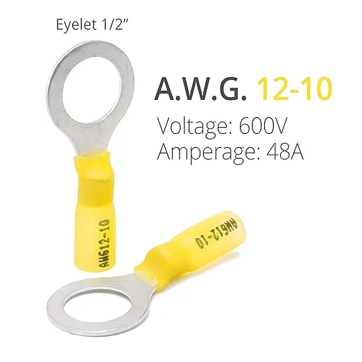 Wirefy 90 PCS Heat Shrink Ring Terminals 1/2" - a Resistant Ring Connectors - Eyelet Wire Connectors - Large Ring Terminals - Yellow 10-12 AWG