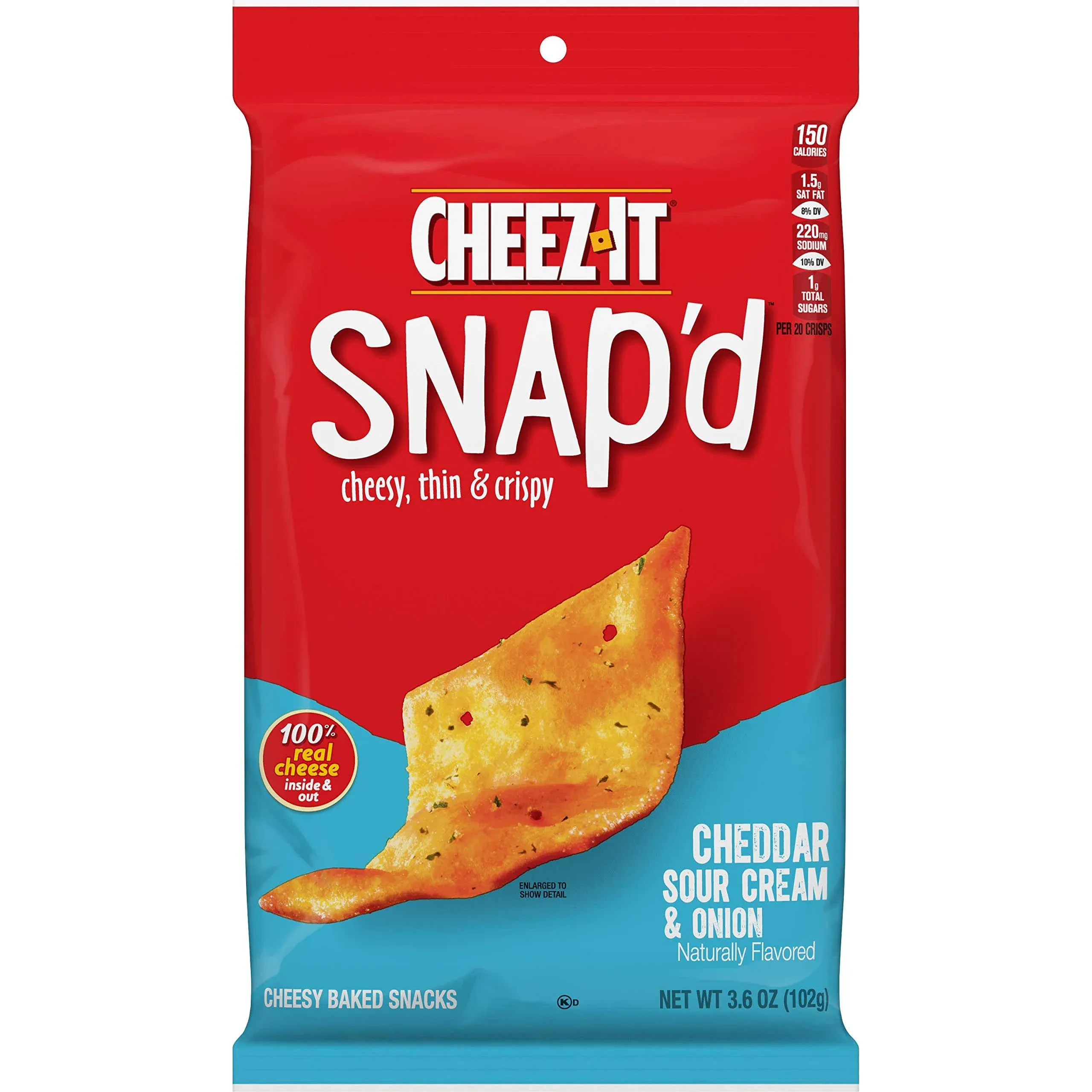 Cheez-It Snap'd Cheese Cracker Chips, Thin Crisps, Lunch Snacks, Cheddar Sour Cream and Onion, 21.6oz Case (6 Pouches)