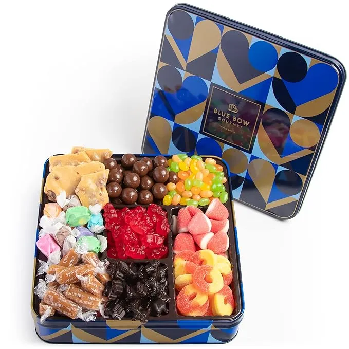 Blue Bow Gourmet Artisanal Chocolate Assortment Gift Tin for Mother's Day, Birthday, Thank You