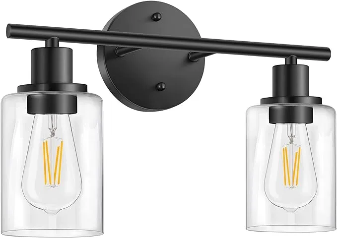 FOLKSMATE Bathroom Light Fixtures, 2 Light Matte Black Vanity Light, Vintage Wall Sconces Lighting, Modern Bath Wall Mounted Lights with Glass Shade