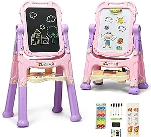 Costzon Art Easel for Kids, Height Adjustable 360° Rotate Double Sided Standing Art Drawing Board w/Chalkboard & Whiteboard, Portable Magnetic Drawing Set w/Art Accessories, Large Storage Tray (Pink)