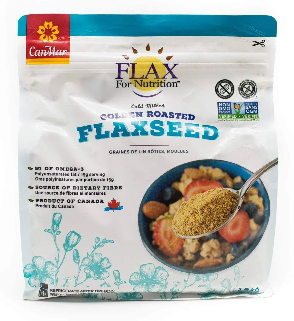 CanMar Ground Cold Milled Golden Roasted Flax Seed (42oz/1.2Kg) Vegan Flaxseed Ground - Non-GMO, Gluten Free - Flax Seeds - Ground Flaxseed Meal with Omega-3, Fiber - Linseed Flax