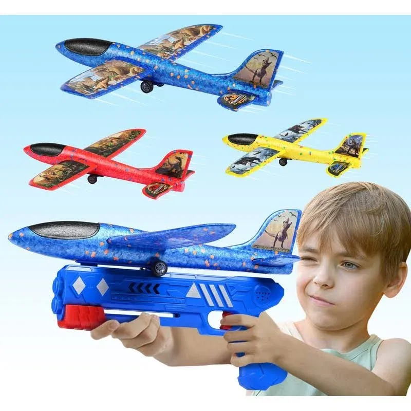 Elctbras 3 Pack Airplane Launcher Toy, Foam Glider Planes for Kids with 2 Flight Mode, Catapult Plane Toys with 3 DIY Stickers, Outdoor Sport Flying Toys for 4 5 6 7 8 9 10 Year Old