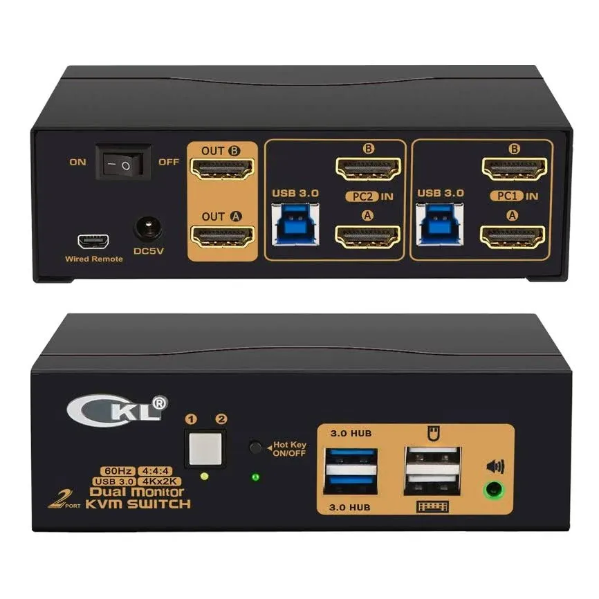 CKL USB 3.0 HDMI KVM Switch Dual Monitor 2 Port Extended Display 4K 60Hz with Cables and Audio 922HUA-3