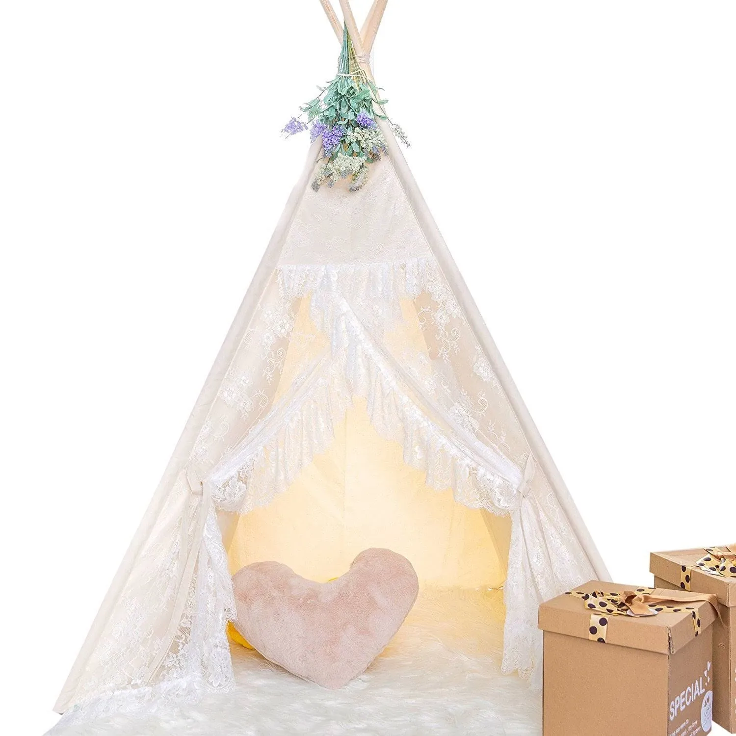 Kids Play Tent Large Playhouse with Mat/Star Light/Star Garland/Tassel Macrame Boho Style Indoor&Outdoor Play Tent for Kids, Neutral Color, 52x35x52, Lace Tassel