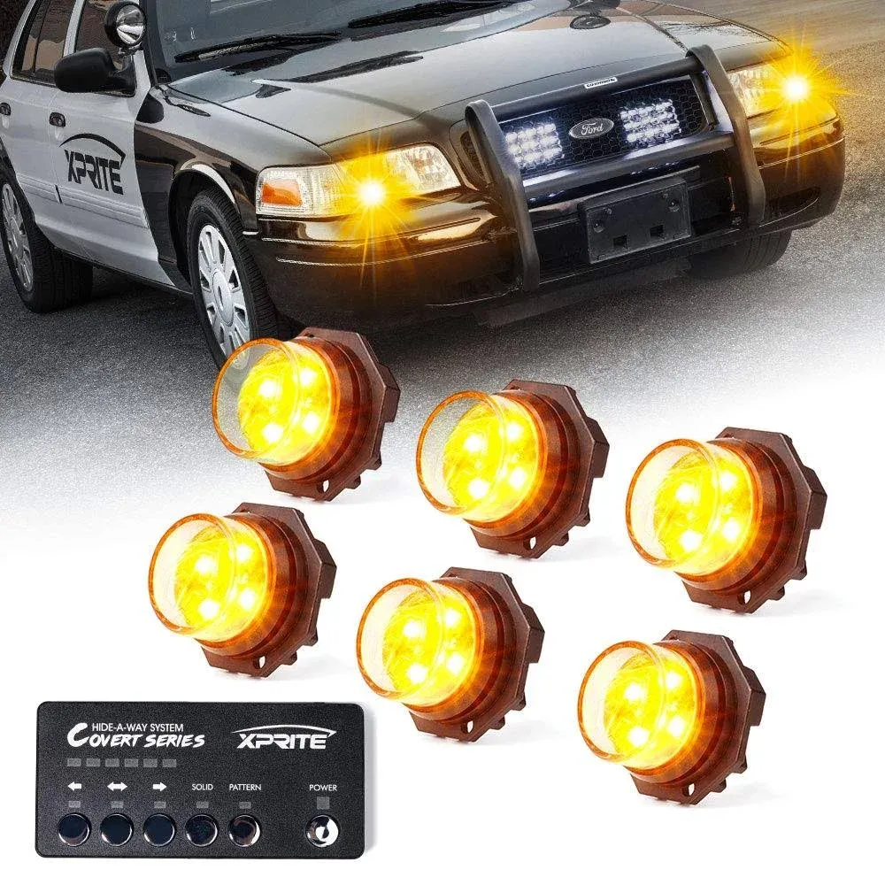 Xprite Amber LED Hideaway Strobe Lights Kit 20 Flashing Patterns w/Control Panel Headlights Taillights Fog Marker Light Mounting, for Roadside Emergency Vehicles Trucks SUV Vans 12V Cars 6 PCs