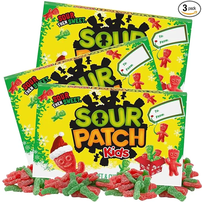 Sour Patch Kids Christmas 2024 Movie Theater Box Candy, Holiday Themed Candies for Goodie Bags and Stocking Stuffers, Pack of 3